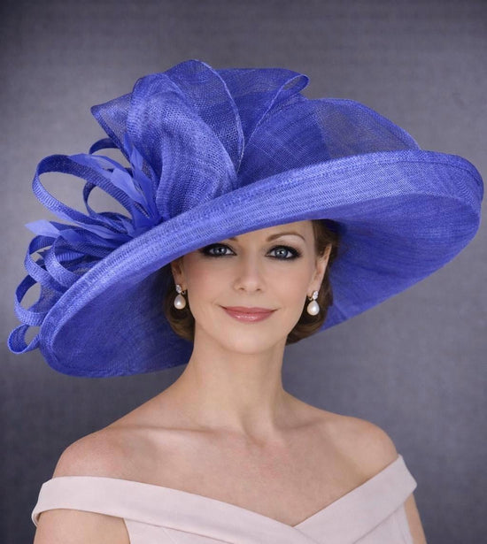 Wide Brim Sinamay  Hat for Kentucky Derby, Ascot Racing Hat, Elegant Wedding Guest Hat, Mother of the Bride Hat Royal Blue