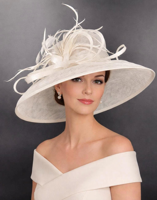 WHite Feather Flower Wide Brim Kentucky Derby Hat, Ascot Hat for Wedding & Tea Party, Garden Party Hat, Mother of the Bride, Church
