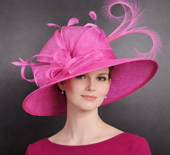 Hot Pink Sinamay Kentucky Derby Hat, Feather Fascinator