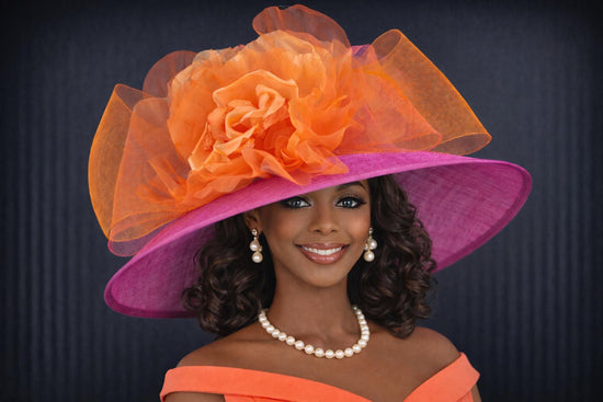 Sinamay Derby Hat: Hot Pink Wide Brim with Orange Silk Flower