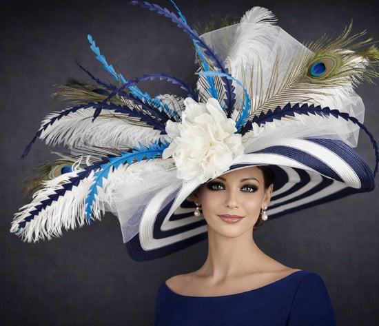 Navy Blue Striped Kentucky Derby Hat, Peacock Feather, Wide Brim Sinamay Hat