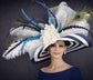 Navy Blue Striped Kentucky Derby Hat, Peacock Feather, Wide Brim Sinamay Hat