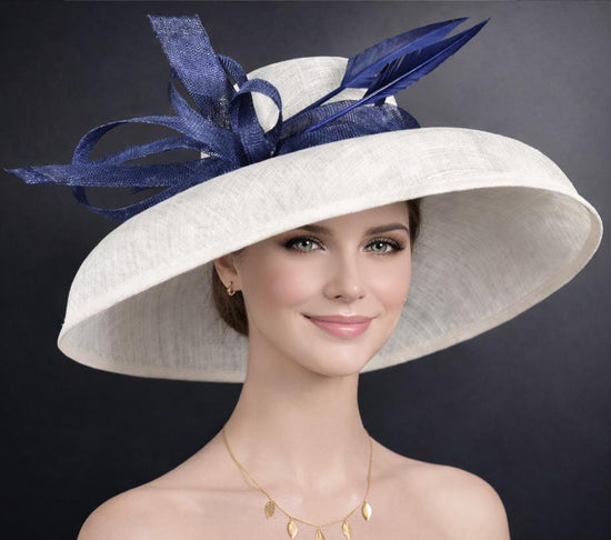 Audrey Hepburn Style Wide Brim Kentucky Derby Hat, Ascot Hat for Wedding Tea Party, Garden Party Hat, Mother of the Bride,Church White Navy