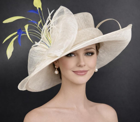 Off White Royal Blue Lemon Feathers Wide Brim Kentucky Derby Hat, Ascot Hat ,WeddingTea Party, Garden Party Hat Mother of the Bride, Church