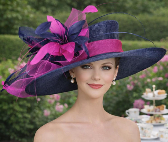 Wide Brim Kentucky Derby Hat, Ascot Hat for Wedding & Tea Party, Garden Party Hat, Mother of the Bride, Church Navy Blue W Fuchsia Pink