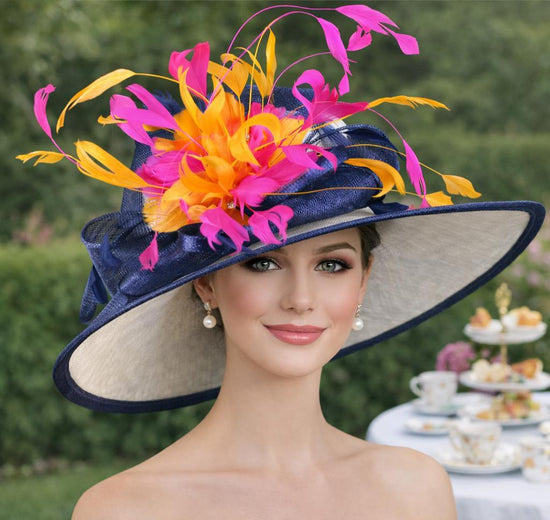 White Navy blue Orange Hot Pink Kentucky Derby Hat,Ascot Hat for Wedding & Tea Party, Garden Party Hat, Mother of the Bride, Church