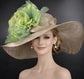 Wide Brim Kentucky Derby Hat, Ascot Hat for Wedding & Tea Party, Garden Party Hat, Mother of the Bride, Church- Taupe w Green