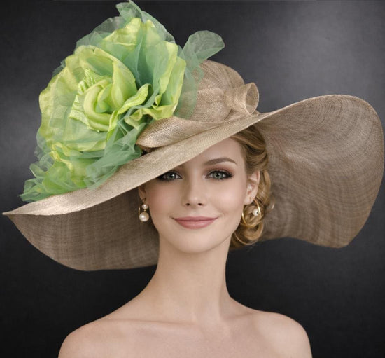 Wide Brim Kentucky Derby Hat, Ascot Hat for Wedding & Tea Party, Garden Party Hat, Mother of the Bride, Church- Taupe w Green