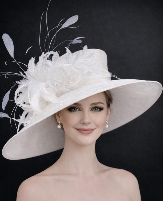 Wide Brim Kentucky Derby Hat, Ascot Hat for Wedding & Tea Party, Garden Party Hat, Mother of the Bride, Church White w Blue