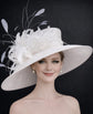 Wide Brim Kentucky Derby Hat, Ascot Hat for Wedding & Tea Party, Garden Party Hat, Mother of the Bride, Church White w Blue