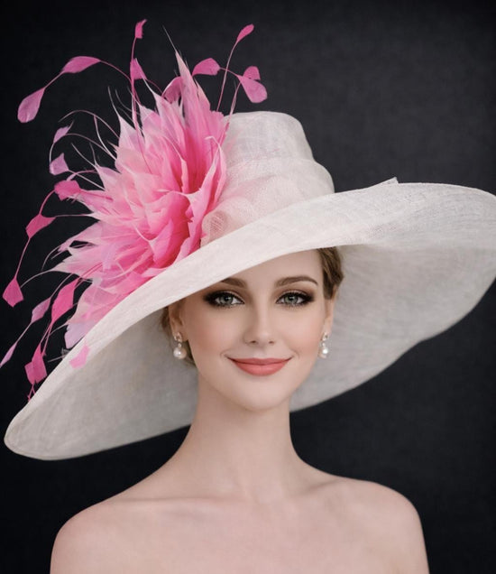 White  Hot Pink Feather Flower Wide Brim Kentucky Derby Hat,Ascot Hat for Wedding & Tea Party, Garden Party Hat, Mother of the Bride, Church