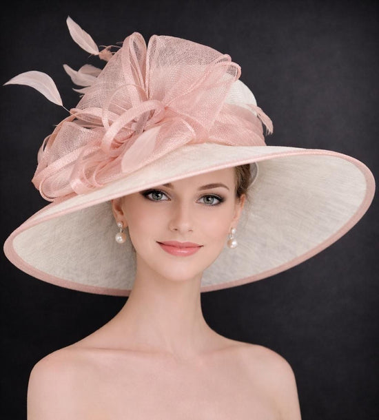 White Dusty Blush Pink  Wide Brim Sinamay Hat for Kentucky Derby, Ascot Racing Hat, Elegant Wedding Guest Hat, Mother of the Bride Hat