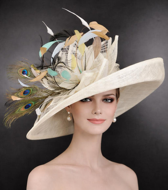 Ivory, Blue Peacock Feathers Wide Brim Kentucky Derby Hat, Ascot Hat for Wedding & Tea Party, Garden Party Hat, Mother of the Bride, Church