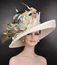 Ivory, Blue Peacock Feathers Wide Brim Kentucky Derby Hat, Ascot Hat for Wedding & Tea Party, Garden Party Hat, Mother of the Bride, Church