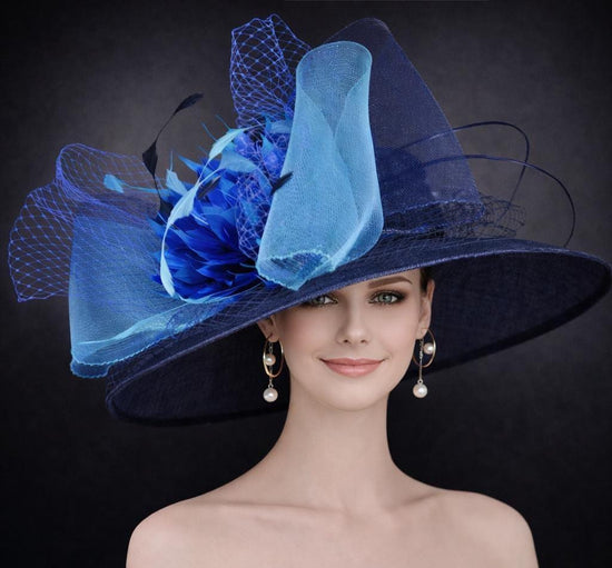 Navy, Teal, and Powder Blue Wide Brim Kentucky Derby Hat, Ascot Hat for Wedding & Tea Party, Garden Party Hat, Mother of the Bride, Church