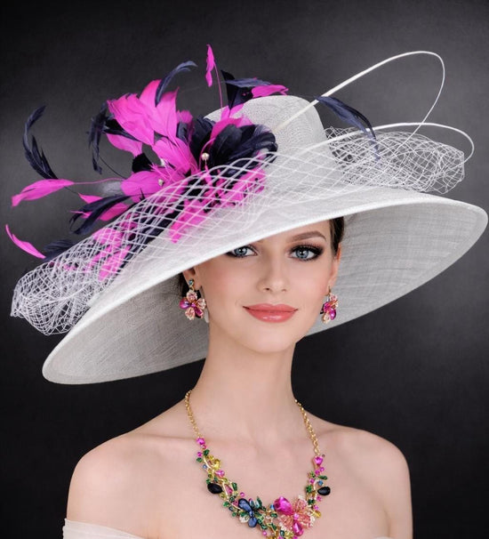Powder Blue, Navy, Fuchsia Wide Brim Kentucky Derby Hat, Ascot Hat for Wedding & Tea Party, Garden Party Hat, Mother of the Bride, Church