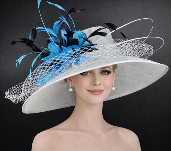 Powder Blue Teal Blue Black Wide Brim Kentucky Derby Hat, Ascot Hat for Wedding & Tea Party, Garden Party Hat, Mother of the Bride, Church