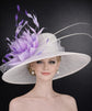 White Purple Lilac Feather  Wide Brim Sinamay Hat for Kentucky Derby, Ascot Racing Hat, Elegant Wedding Guest Hat, Mother of the Bride Hat