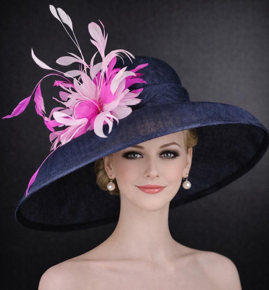 Navy Blue Pink Gold Wide Brim Sinamay Hat for Kentucky Derby, Ascot Racing Hat, Elegant Wedding Guest Hat, Mother of the Bride Hat