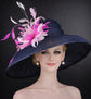 Navy Blue Pink Gold Wide Brim Sinamay Hat for Kentucky Derby, Ascot Racing Hat, Elegant Wedding Guest Hat, Mother of the Bride Hat