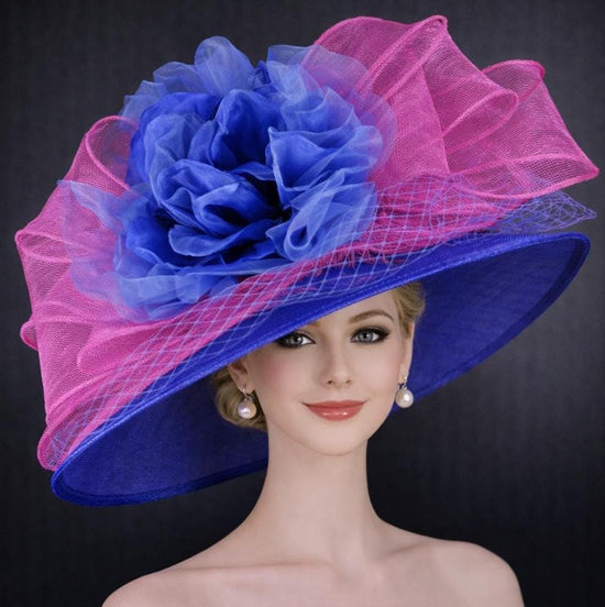 Royal Blue, Fuchsia Bows & Flower Wide Brim Sinamay Hat for Kentucky Derby, Ascot Racing Hat,  Wedding Guest Hat, Mother of the Bride Hat
