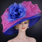 Royal Blue, Fuchsia Bows & Flower Wide Brim Sinamay Hat for Kentucky Derby, Ascot Racing Hat,  Wedding Guest Hat, Mother of the Bride Hat