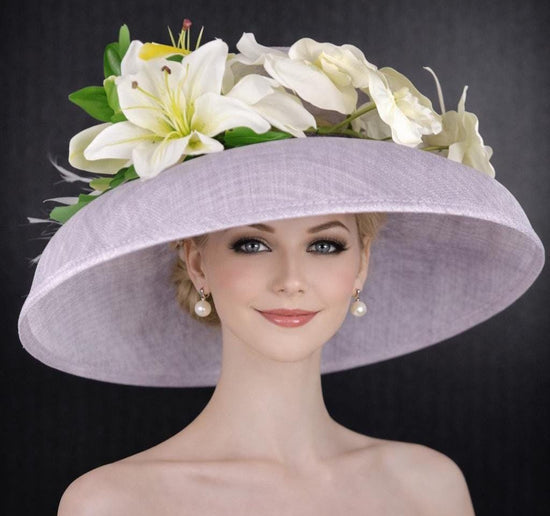 Lilac Audrey Hepburn Style Wide Brim Sinamay Hat for Kentucky Derby, Ascot Racing Hat, Elegant Wedding Guest Hat, Mother of the Bride Hat