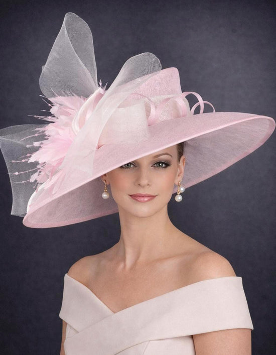 Wide Brim Kentucky Derby Hat, Ascot Hat for Wedding & Tea Party, Garden Party Hat, Mother of the Bride, Church Baby Pink Ivory Off White