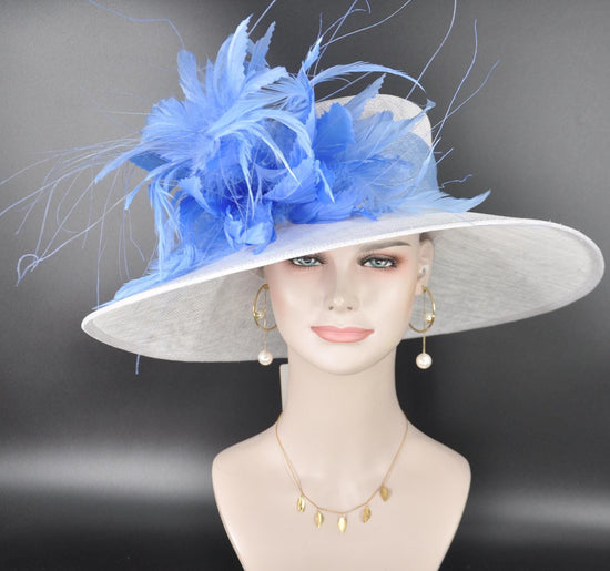 Wide Brim Sinamay Hat for Kentucky Derby,Ascot Royal, Tea Garden Party,Easter Day,Mother of The Bride Elegant Occasion Hat White Light Blue