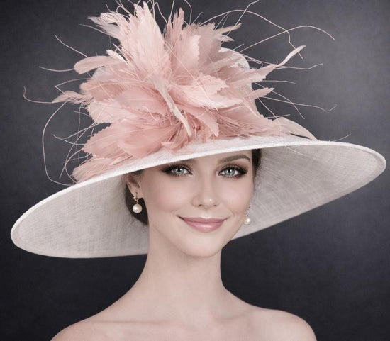 Wide Brim Kentucky Derby Hat, Ascot Hat for Wedding & Tea Party, Garden Party Hat, Mother of the Bride, Church White Blush/Dusty Pink