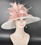Wide Brim Kentucky Derby Hat, Ascot Hat for Wedding & Tea Party, Garden Party Hat, Mother of the Bride, Church White Blush/Dusty Pink