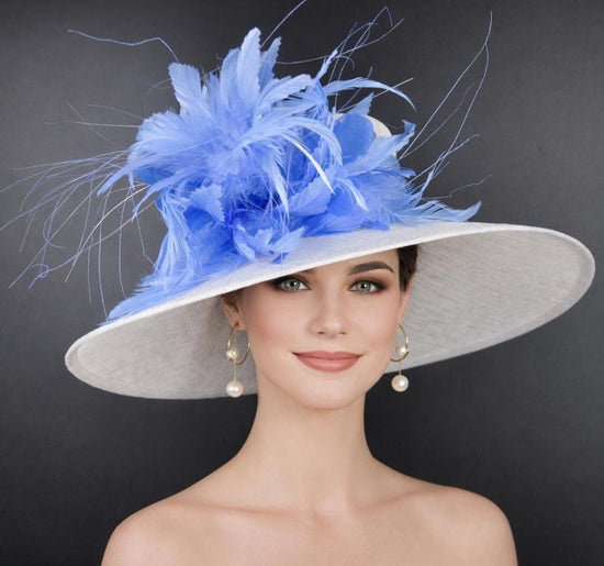 Wide Brim Sinamay Hat for Kentucky Derby,Ascot Royal, Tea Garden Party,Easter Day,Mother of The Bride Elegant Occasion Hat White Light Blue