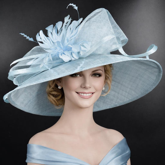Powder Blue Wide Brim Sinamay Hat for Kentucky Derby,Ascot Royal, Tea Garden Party,Easter Day,Mother of The Bride Elegant Occasion Hat