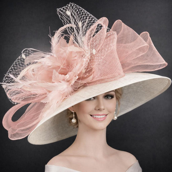 Ivory Pink Bows Wide Brim Sinamay Hat for Kentucky Derby,Ascot Royal, Tea Garden Party,Easter Day,Mother of The Bride Elegant Occasion Hat