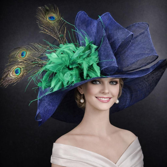 Navy Blue Green Wide Brim Sinamay Hat for Kentucky Derby,Ascot Royal, Tea Garden Party,Easter Day,Mother of The Bride Elegant Occasion Hat