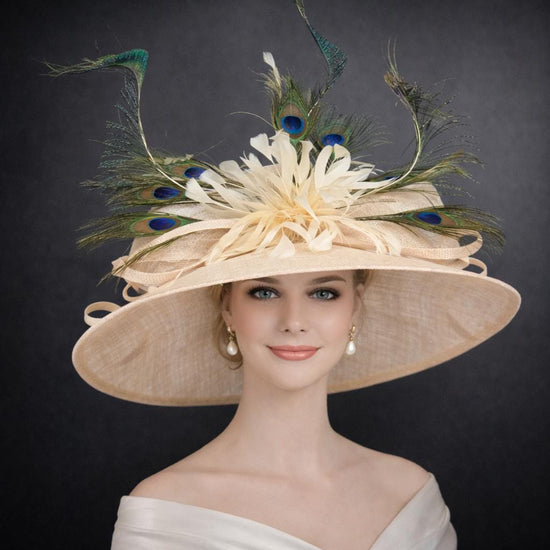 Champagne Peacock Feather  Wide Brim Sinamay hat, Kentucky derby Hat, Wedding Guest Hat, Tea Party Hat, Ascot Royal Style Hat,Oaks Day Hat