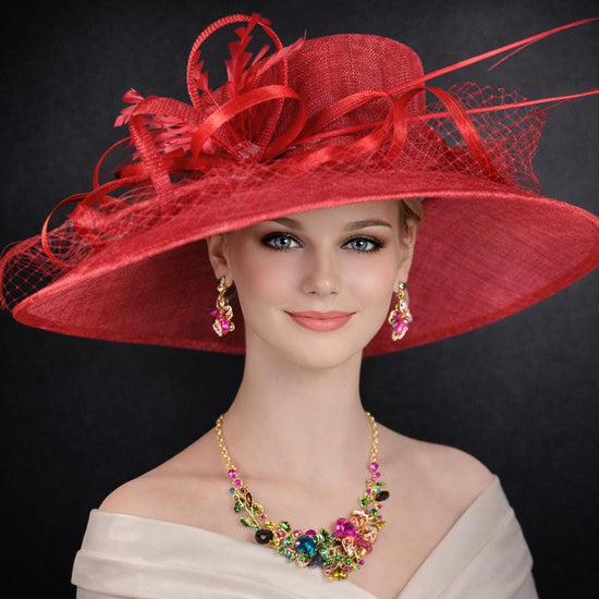 Red Wide Brim Sinamay Hat for Kentucky Derby,Ascot Royal, Tea Garden Party,Easter Day,Mother of The Bride Elegant Occasion Hat