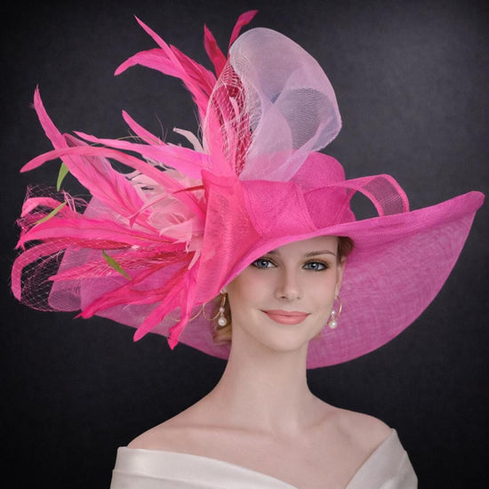 Hot Pink  Feather Flower Wide Brim Kentucky Derby Hat,Ascot Hat for Wedding & Tea Party, Garden Party Hat, Mother of the Bride, Church