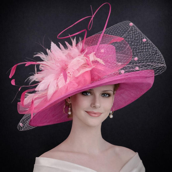 Hot Pink W Pink Feather Flower Wide Brim Kentucky Derby Hat,Ascot Hat for Wedding & Tea Party, Garden Party Hat, Mother of the Bride, Church