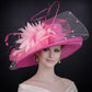 Hot Pink W Pink Feather Flower Wide Brim Kentucky Derby Hat,Ascot Hat for Wedding & Tea Party, Garden Party Hat, Mother of the Bride, Church