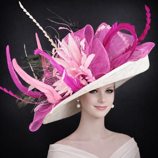 Wide Brim Kentucky Derby Hat, Ascot Hat for Wedding & Tea Party, Garden Party Hat, Mother of the Bride, Church Ivory/Off White Fuchsia Pink