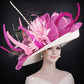 Wide Brim Kentucky Derby Hat, Ascot Hat for Wedding & Tea Party, Garden Party Hat, Mother of the Bride, Church Ivory/Off White Fuchsia Pink