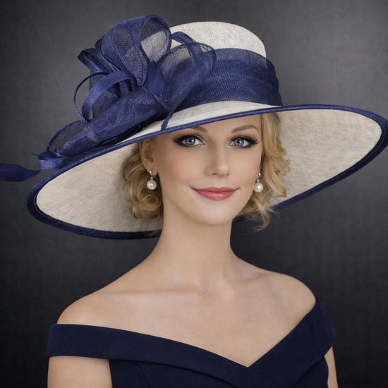 White Navy Blue Kentucky Derby Hat, Ascot Hat for Wedding & Tea Party, Garden Party Hat, Mother of the Bride, Church