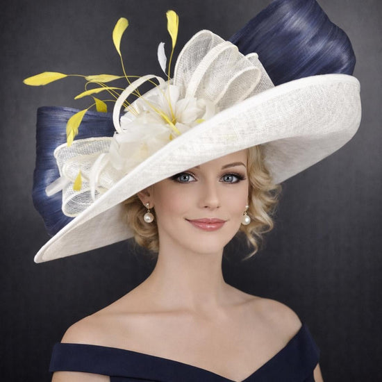 Wide Brim Kentucky Derby Hat, Ascot Hat for Wedding & Tea Party, Garden Party Hat, Mother of the Bride, Church Ivory Navy Blue Yellow