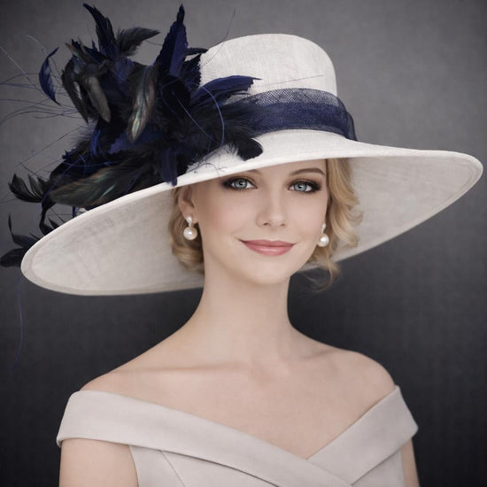 White Navy Wide Brim Kentucky Derby Hat,Ascot Hat for Wedding & Tea Party, Garden Party Hat, Mother of the Bride, Church
