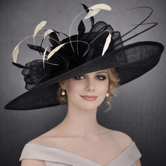 Wide Brim Kentucky Derby Hat, Ascot Hat for Wedding & Tea Party, Garden Party Hat, Mother of the Bride, Church Black W Nude/Cream
