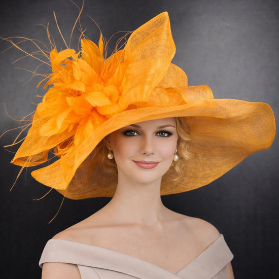 Wide Brim Kentucky Derby Hat, Ascot Hat for Wedding & Tea Party, Garden Party Hat, Mother of the Bride, Church Orange