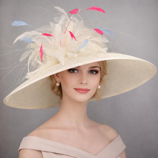 Wide Brim Kentucky Derby Hat, Ascot Hat for Wedding & Tea Party, Garden Party Hat, Mother of the Bride, Church Ivory/Off White Hot Pink Blue
