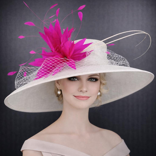 Wide Brim Kentucky Derby Hat, Ascot Hat for Wedding & Tea Party, Garden Party Hat, Mother of the Bride, Church White Fuchsia Pink