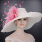 White  Hot Pink Feather Flower Wide Brim Kentucky Derby Hat,Ascot Hat for Wedding & Tea Party, Garden Party Hat, Mother of the Bride, Church